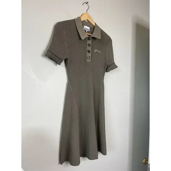 NEW Ganni Melange Collar Embroidered Short-Sleeve Knit Mini Dress Safari Size: M - Picture 3 of 8